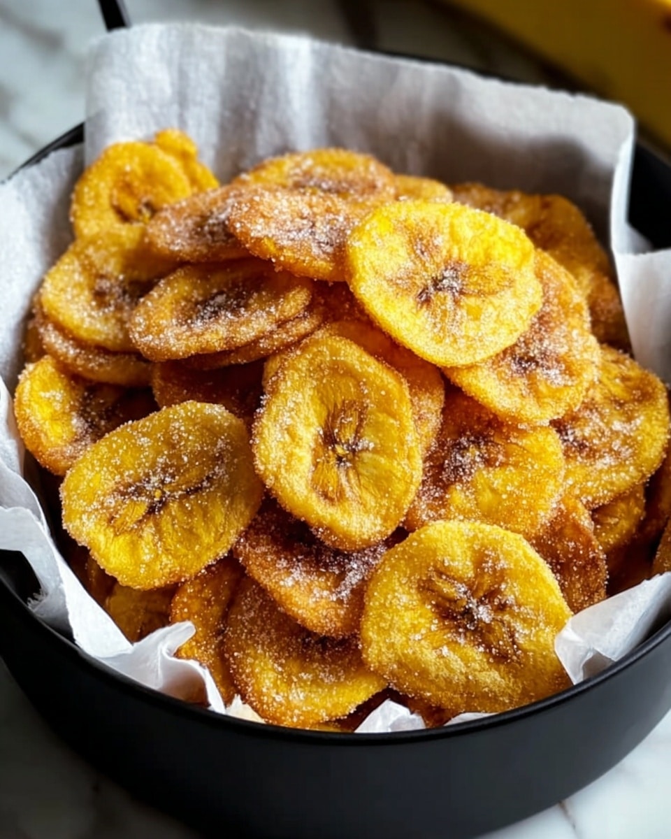 A black basket lined with white parchment paper is filled with a thick pile of golden yellow fried plantain chips, each chip lightly dusted with granulated sugar, giving a sparkling texture on the surface, and some chips show a slight brown caramelized hue in the center, their round, slightly curved shapes overlapping each other in a warm, inviting heap against a white marbled texture background. photo taken with an iphone --ar 4:5 --v 7