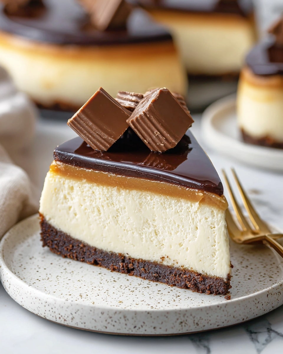 A slice of cheesecake is shown on a white speckled plate, sitting on a white marbled surface. The cheesecake has four layers: the bottom is a dark brown crumbly crust, the thick middle layer is creamy and off-white with a smooth, soft texture, above that is a thin caramel layer with a rich golden brown color, and the top layer is a glossy, dark chocolate ganache. On top of the cheesecake slice, there are two small square pieces of chocolate with sharp edges and a slightly matte finish. A gold fork lies next to the cheesecake on the plate. In the background, more cheesecake slices are visible, slightly out of focus. photo taken with an iphone --ar 4:5 --v 7