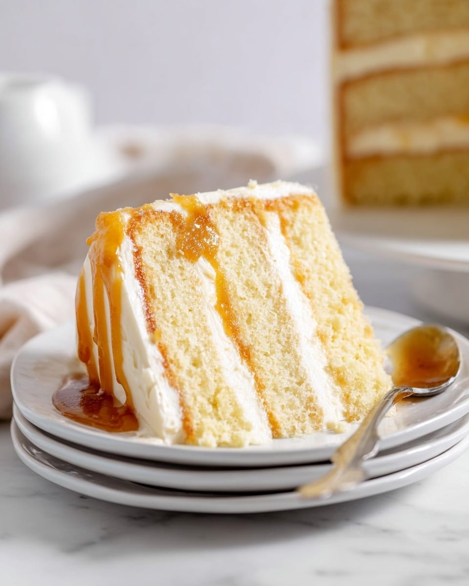 A slice of three-layer vanilla cake sits on two stacked white plates on a white marbled surface. The cake has three soft, light yellow sponge layers separated by two thin layers of caramel sauce and white cream frosting. The outside is coated with a smooth layer of white frosting, with caramel sauce lightly dripping down the side on the left. The texture of the sponge looks fluffy and moist, while the caramel adds a shiny, sticky contrast. In the background, a blurred second slice of the same cake is visible. To the right on the surface is a silver spoon with some caramel sauce on it. photo taken with an iphone --ar 4:5 --v 7