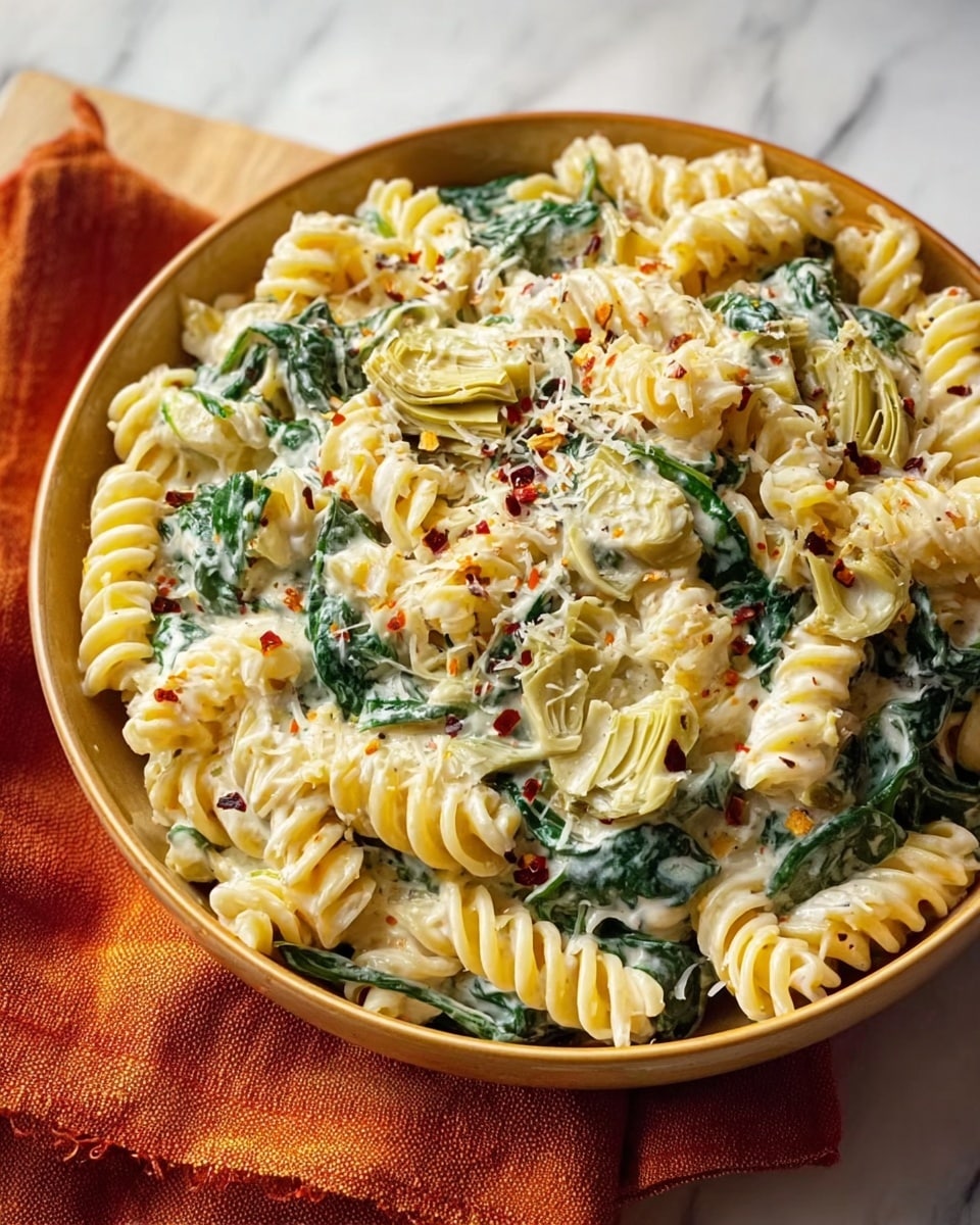 A deep white bowl is filled with a creamy pasta dish featuring three main layers: the base layer is twisted rotini pasta in pale yellow, the middle layer consists of dark green wilted spinach leaves mixed evenly throughout, and the top layer includes light green artichoke heart pieces scattered over the dish. The pasta and vegetables are coated in a smooth white cream sauce, sprinkled generously with shredded parmesan cheese and few red chili flakes creating small red spots for contrast. The bowl is placed on a folded orange cloth resting on a white marbled surface. Photo taken with an iphone --ar 4:5 --v 7