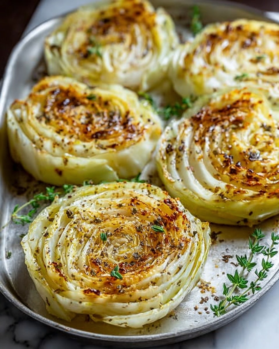 The image shows several round, thick slices of cabbage with about 5 to 7 visible layers each, placed on a silver tray. Each cabbage slice is cooked to a golden-brown color on the top surface, with some parts showing slight charring and crispy texture. The cabbage leaves show a mix of pale green and white colors, with seasoning like black pepper sprinkled on top. Small green herb sprigs are placed on and around the cabbage slices for garnish. The background is a white marbled texture, and a woman's hand is holding the tray. Photo taken with an iphone --ar 4:5 --v 7
