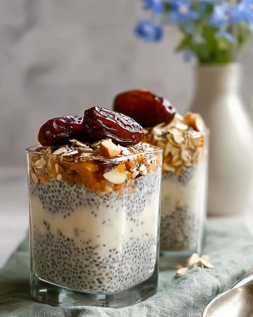 Two clear square glass cups each filled with layers of creamy white chia pudding mixed with small black chia seeds. On top of the pudding, there is a layer of golden brown oats mixed with almond slices, followed by two shiny dark brown dates placed at the center. The glasses are placed on a soft green cloth, with a blurred white marbled textured background and a white vase holding small blue flowers in the distance. The lighting is soft and natural, highlighting the textures and colors of the ingredients. Photo taken with an iphone --ar 4:5 --v 7