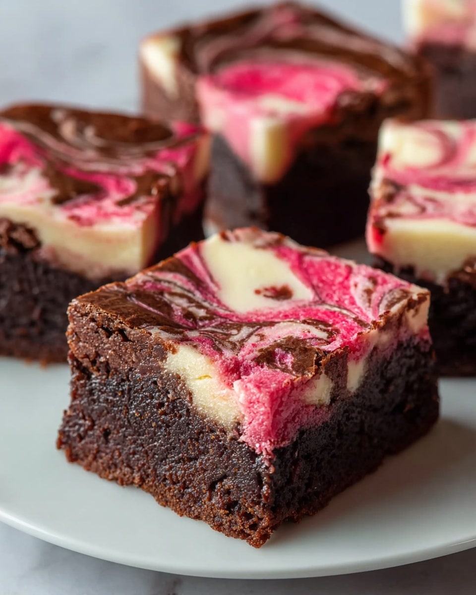 A close-up of four square brownie pieces on a white plate sitting on a white marbled texture. Each brownie has two clear layers: the bottom layer is dense and dark brown with a fudgy texture, while the top layer is thicker and has a smooth cream cheese swirl mixed with bright pink and dark brown chocolate swirls creating a marbled effect. The swirls blend softly and spread unevenly across the top of each piece. The focus is on the front brownie, showing detailed textures and colors clearly. Photo taken with an iphone --ar 4:5 --v 7