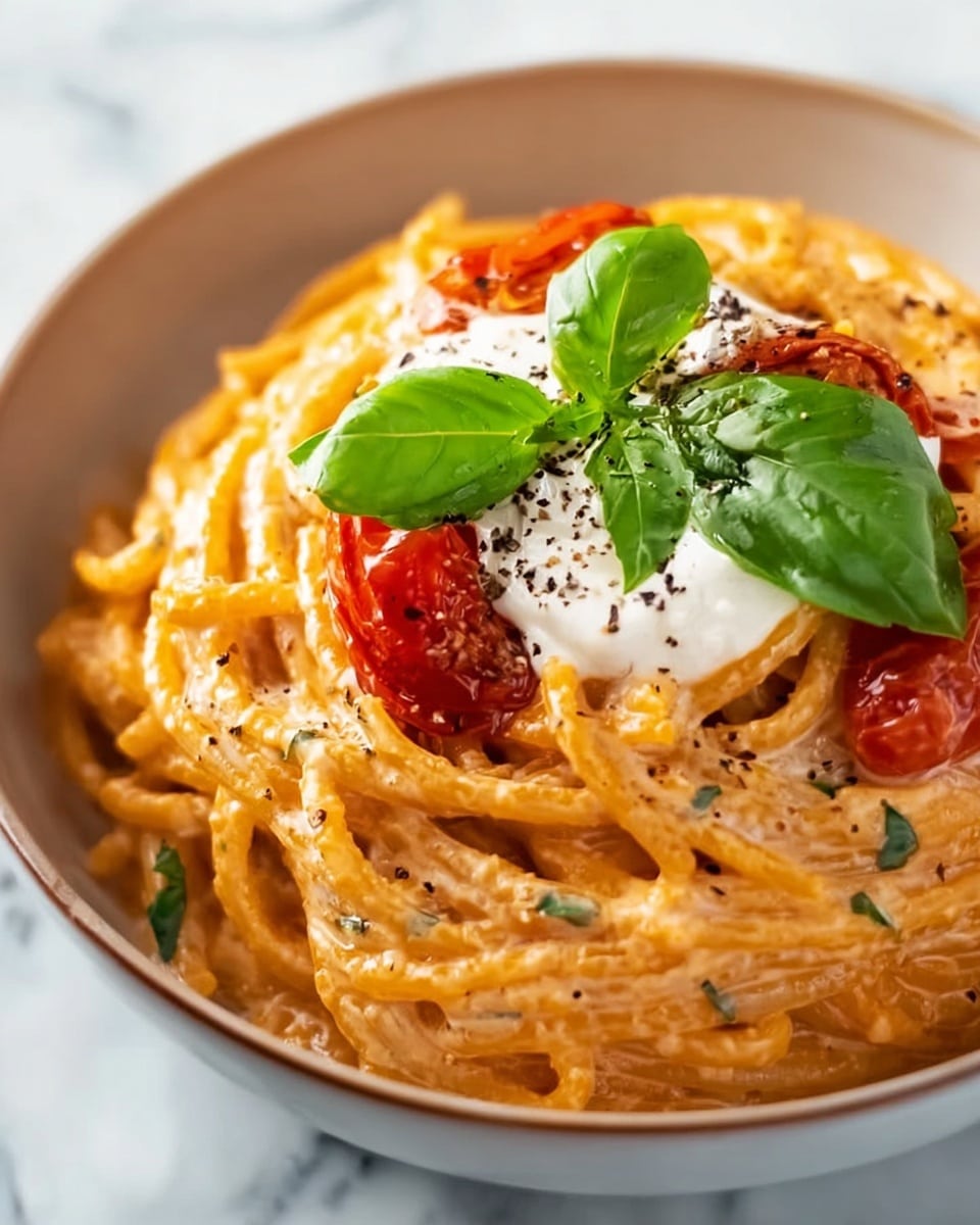 A mound of creamy spaghetti sits in a white bowl on a white marbled surface. The spaghetti is coated in a thick, light orange sauce with visible small green herb flecks. Mixed in are a few soft roasted cherry tomato halves, adding contrast with their deep red color. On top, there is a dollop of white cream sprinkled with coarse black pepper. Two large fresh green basil leaves rest on the cream, providing a fresh and vibrant touch. photo taken with an iphone --ar 4:5 --v 7