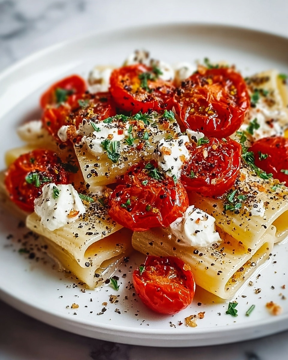 The image shows a plate of pasta layered with large tubular noodles in a light cream color, topped with roasted whole and halved cherry tomatoes that are deep red and glossy. Scattered dollops of white creamy cheese add texture and contrast, sprinkled generously with cracked black pepper and small green herb pieces. The dish sits on a white plate over a white marbled surface, and the fresh vibrant colors of the tomatoes and herbs stand out against the light pasta and cheese. photo taken with an iphone --ar 4:5 --v 7
