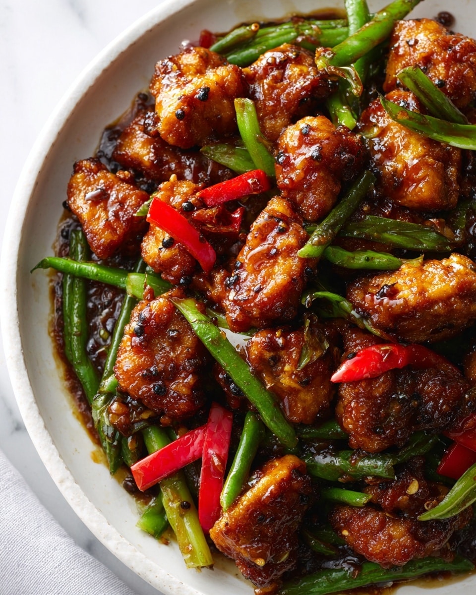 A close-up view of a dish with crispy, golden-brown fried chicken pieces coated in a glossy, dark brown sauce. Mixed in are bright green, fresh green beans and vibrant red bell pepper strips, all evenly coated with the shiny sauce. The texture shows the chicken’s crispy edges alongside the smooth sauce, with small black pepper specks visible on the chicken. The mix of red, green, and golden colors creates a rich and appetizing look. The background is a white marbled texture. photo taken with an iphone --ar 4:5 --v 7