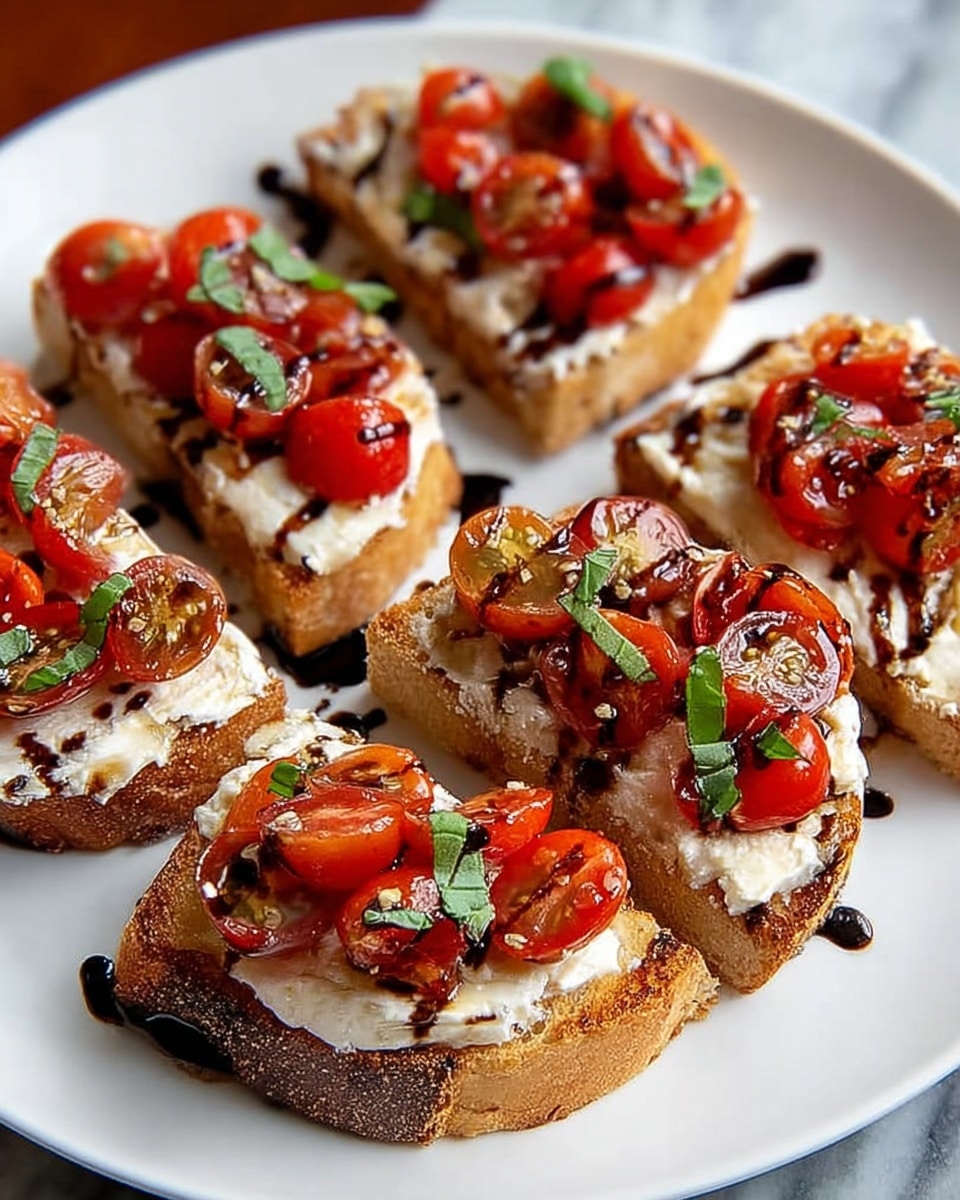 A white plate holds eight pieces of toasted bread, each slice golden brown with a slightly crisp texture. On top of each toast is a thick layer of white creamy cheese, soft and smooth in appearance. Over the cheese, there are bright red halved cherry tomatoes, fresh and juicy, covering the surface fully. The tomatoes are topped with small pieces of green basil leaves, adding a fresh touch. Drizzled over the whole dish is a dark balsamic glaze, creating thin shiny lines and small drops that contrast against the white cheese and red tomatoes. The plate is set on a white marbled surface. photo taken with an iphone --ar 4:5 --v 7