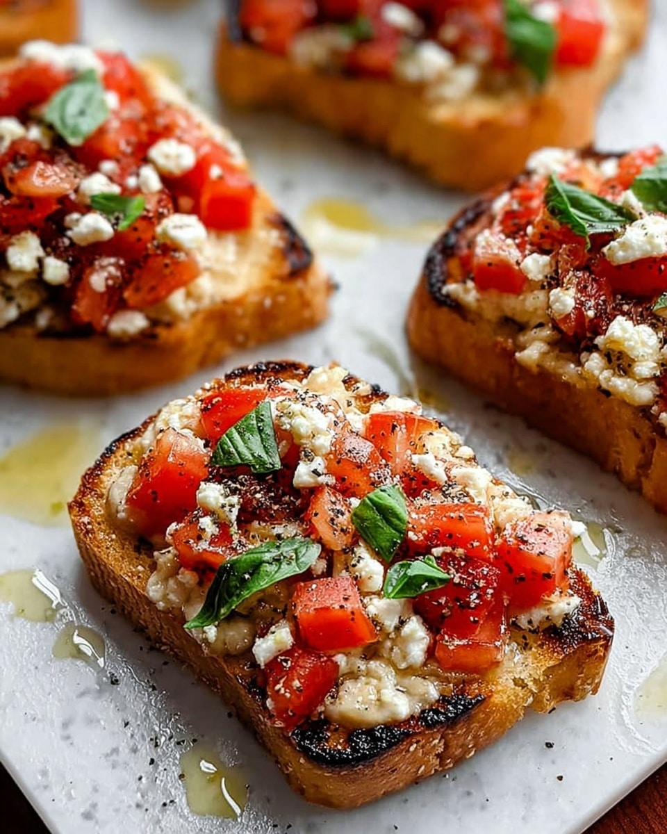 The image shows several pieces of toasted bread topped with chopped red tomatoes, white crumbled cheese, and fresh green basil leaves. Each toast slice has a golden-brown crust with a slightly charred edge, and the toppings are spread evenly on each piece. There is some black pepper sprinkled over the cheese and tomatoes. The toasts rest on a surface with a white marbled texture, with droplets of olive oil around them, adding a glistening effect to the image. photo taken with an iphone --ar 4:5 --v 7