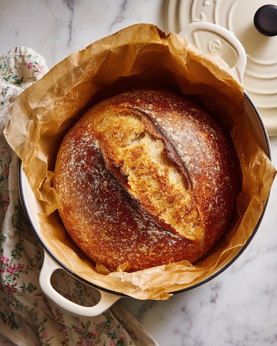 A round loaf of bread with a golden brown, shiny, and cracked crust sits inside a white cast iron pot lined with crinkled light brown parchment paper. The bread’s crust shows textured patterns and small air bubbles, revealing a well-baked surface. The cast iron pot has two handles on each side and the lid is placed nearby. The pot is on a white marbled surface with a floral cloth partially under it, adding a soft touch to the scene. Photo taken with an iphone --ar 4:5 --v 7