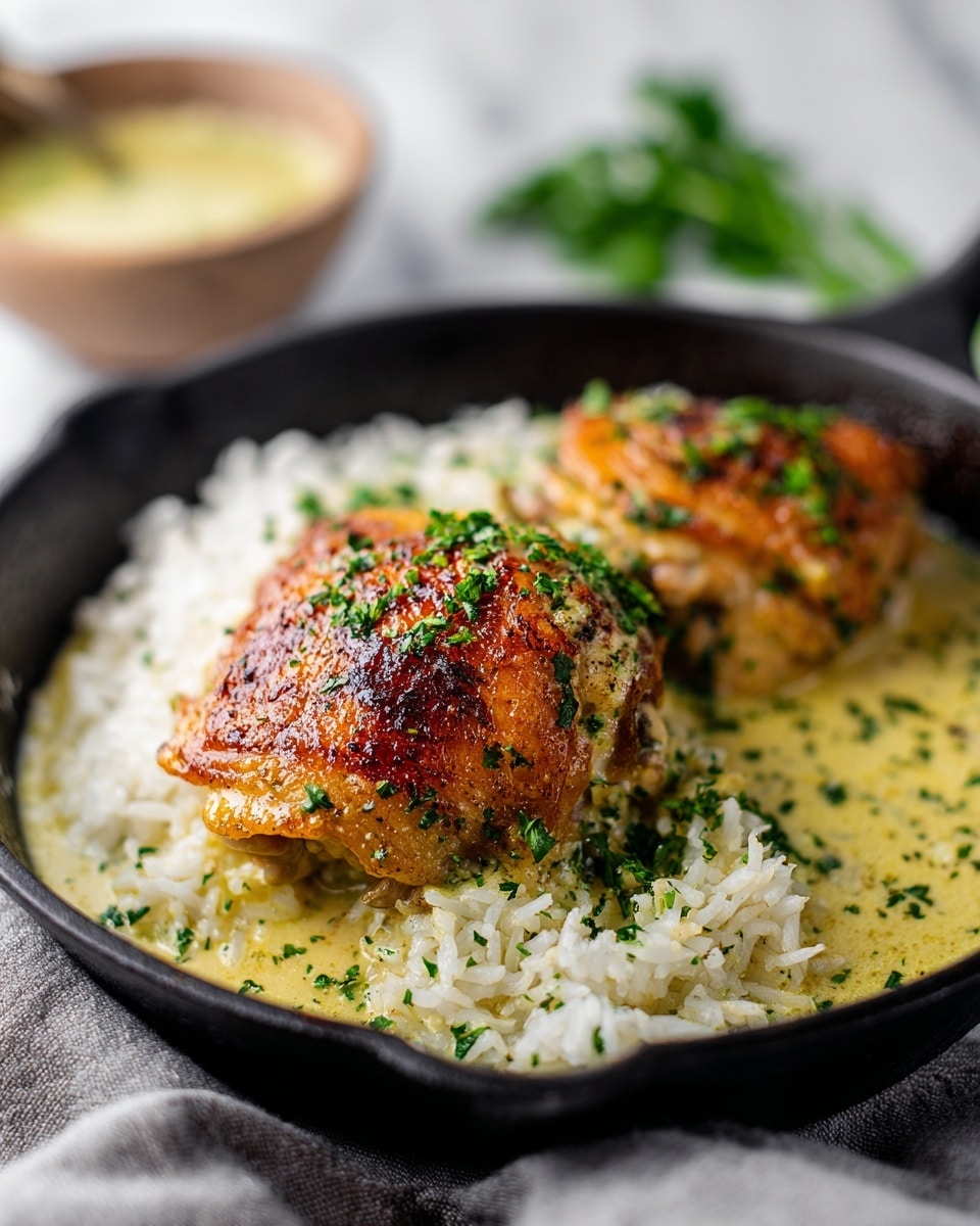 The image shows two cooked chicken thighs with a golden brown, crispy skin sitting on a bed of fluffy white rice in a black cast iron pan. The chicken is covered with a creamy light yellow sauce speckled with herbs and topped with chopped fresh green parsley. The sauce pools around the rice at the bottom, adding a rich texture. In the background, there is a blurred bowl with sauce and some green herbs. The scene is set on a white marbled surface with a gray cloth underneath the pan. photo taken with an iphone --ar 4:5 --v 7