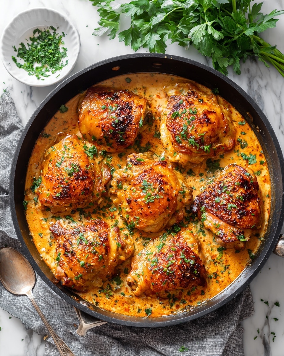 A black skillet holds six pieces of golden-brown, crispy chicken thighs arranged in a circular pattern. The chicken rests in a rich, creamy, orange-colored sauce, speckled with small herbs and spices, giving a textured look. The chicken pieces are sprinkled with freshly chopped green parsley. The skillet sits on a folded gray cloth on a white marbled surface. Nearby, a small white bowl with more chopped parsley and a silver spoon lie on the surface, with sprigs of fresh parsley placed to the side. Photo taken with an iphone --ar 4:5 --v 7