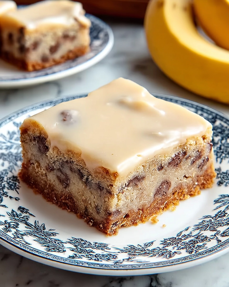 A square piece of dessert sits on a white plate with a dark blue floral pattern around the edge. The dessert has three visible layers: a thin, slightly darker brown bottom crust, a thick middle layer filled with chocolate chips and a light tan batter, and a smooth, glossy light tan icing on top. The dessert looks moist and soft with some crumbly edges, placed on a white marbled surface. In the background, another plate with more pieces and a couple of bananas are faintly visible. Photo taken with an iphone --ar 4:5 --v 7
