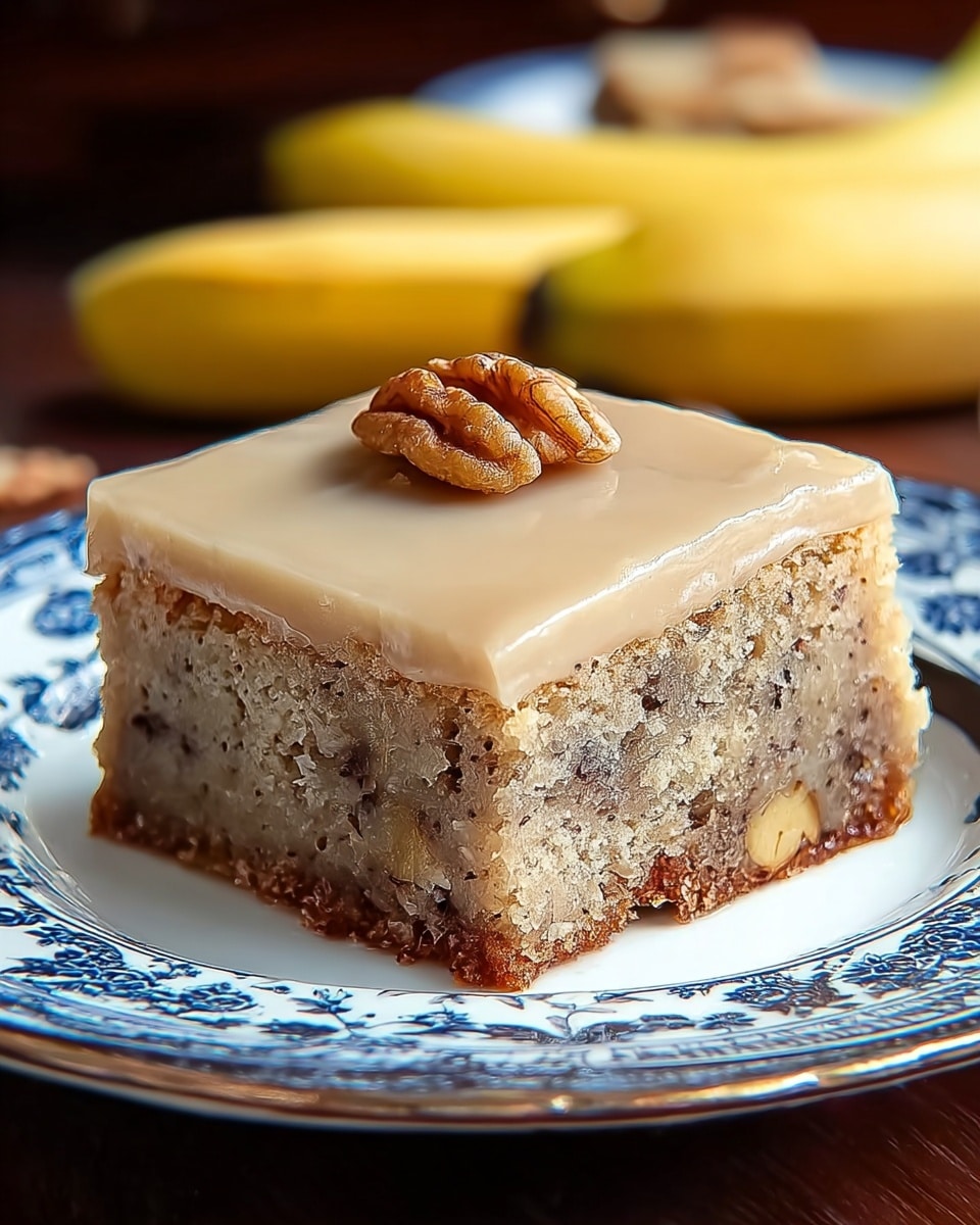 A square piece of cake sits on a white plate with blue floral patterns, showing two layers in the cake: a thick, crumbly bottom layer mixed with darker bits and a smooth beige top layer covered with a shiny glaze, topped with a single walnut piece in the center; the plate is set on a dark wooden surface with bananas blurred in the background. Photo taken with an iphone --ar 4:5 --v 7