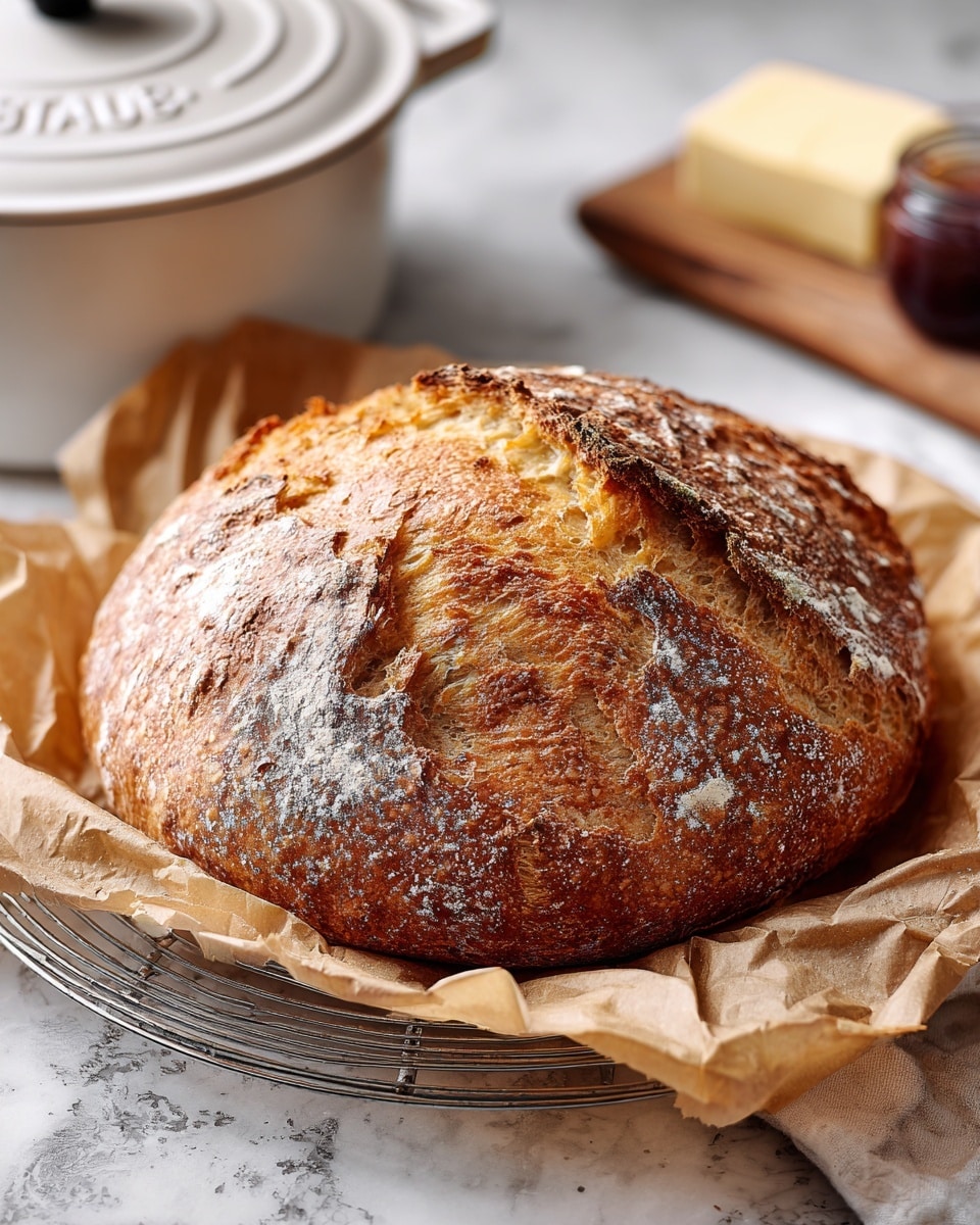 A round loaf of bread with a dark golden brown crust sits on crumpled light brown parchment paper. The crust is cracked and textured with some flour dusted on top, showing a rustic, homemade look. The parchment paper is placed on a metal cooling rack over a white marbled surface. The background includes a portion of a white Staub pot lid on the left and a wooden board with a slab of butter wrapped in paper and a small jar of jam on the right. photo taken with an iphone --ar 4:5 --v 7