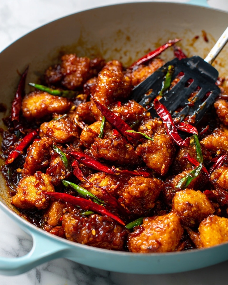 The image shows a close-up view of a stir-fried dish in a light blue pan, placed on a white marbled surface. The dish features multiple chunks of golden-brown fried chicken coated in a shiny, thick, dark reddish-brown sauce, mixed evenly with bright red and green chili peppers that add color contrast. The textures vary from crisp chicken pieces to smooth, glossy sauce, with the chilies adding a fresh, slightly wrinkled appearance. A black spatula is partially visible, lifting some pieces of the stir-fry. The overall look is vibrant and glossy, with a rich, appetizing sauce coating all ingredients, presented in a casual cooking environment. photo taken with an iphone --ar 4:5 --v 7