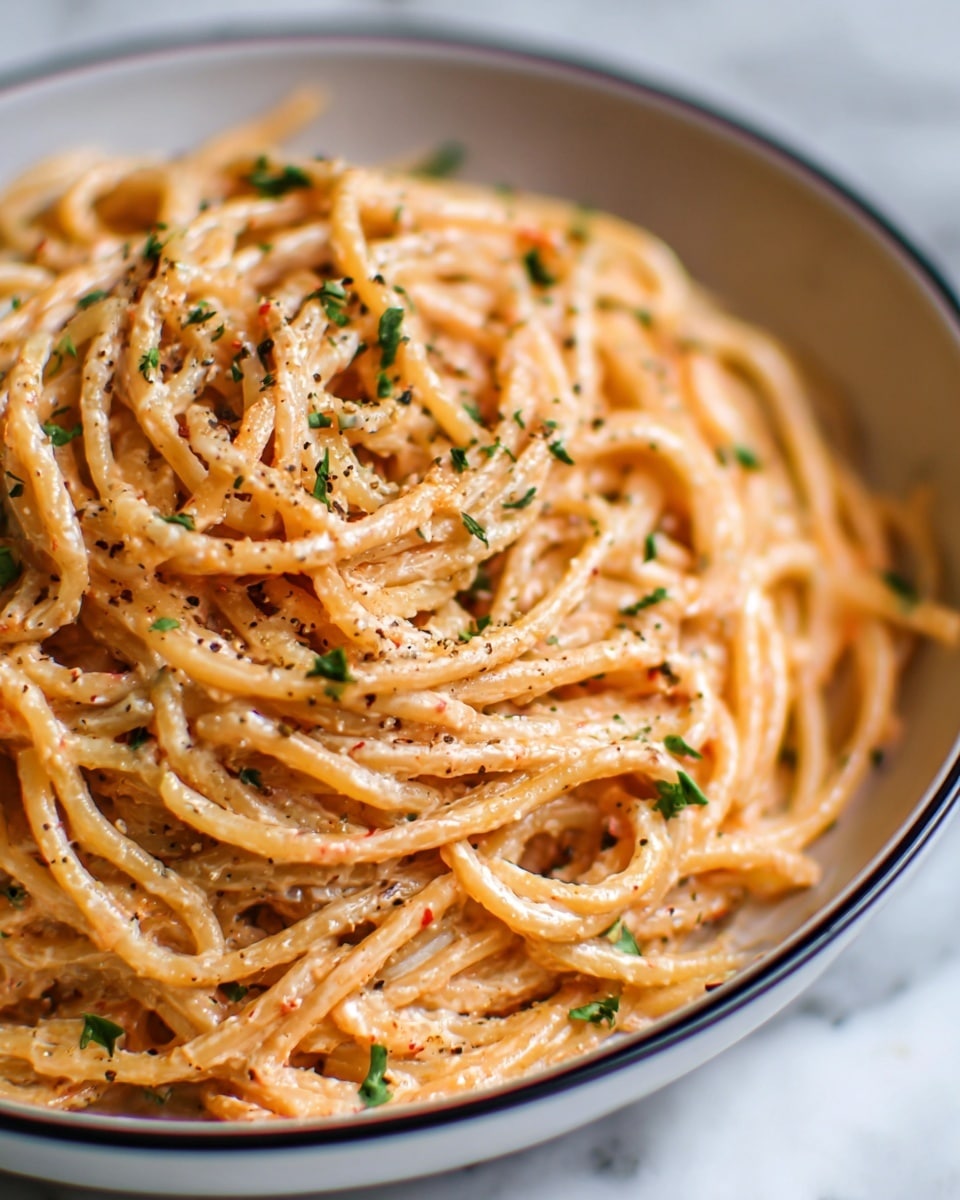 A close-up view of creamy spaghetti pasta in a white bowl, showing a thick smooth sauce coating each long, round noodle evenly with a pale orange color. The pasta strands are slightly twisted and bundled together, with small green herb flecks and black pepper sprinkled over the sauce. The surface of the sauce looks rich and glossy, giving the dish a warm and soft texture. The bowl has a visible black rim around the edge, and the background shows a white marbled texture. photo taken with an iphone --ar 4:5 --v 7